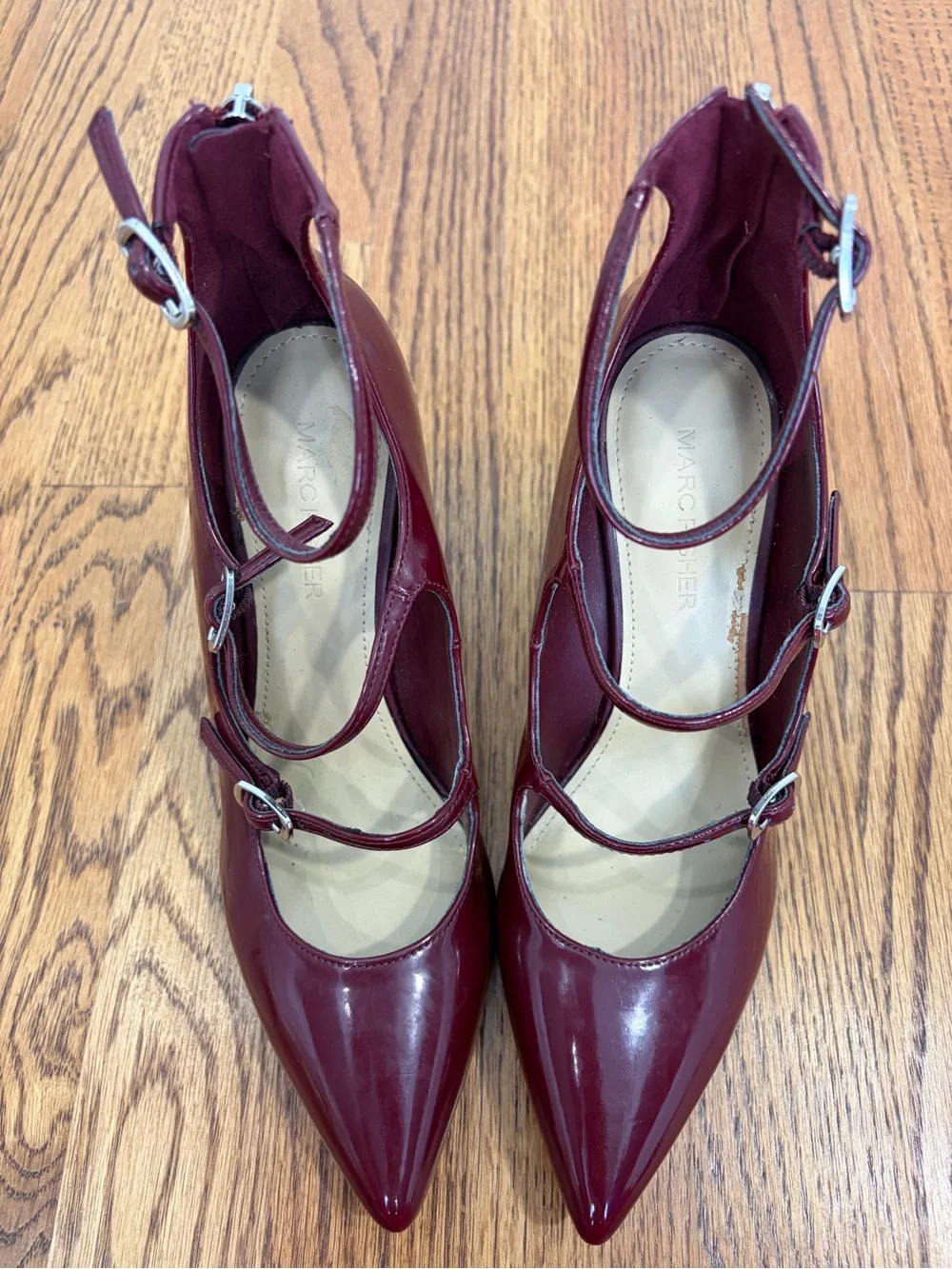 Marc Fisher Patent Triple-Strap Pointed-Toe Mary Jane Burgundy Heels (6.5)